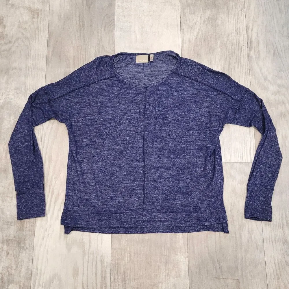 ATHLETA Navy Blue Long Sleeve Top Sz XS Thumb Hole Hi Low Hem Stretch Athleisure - Picture 1 of 4